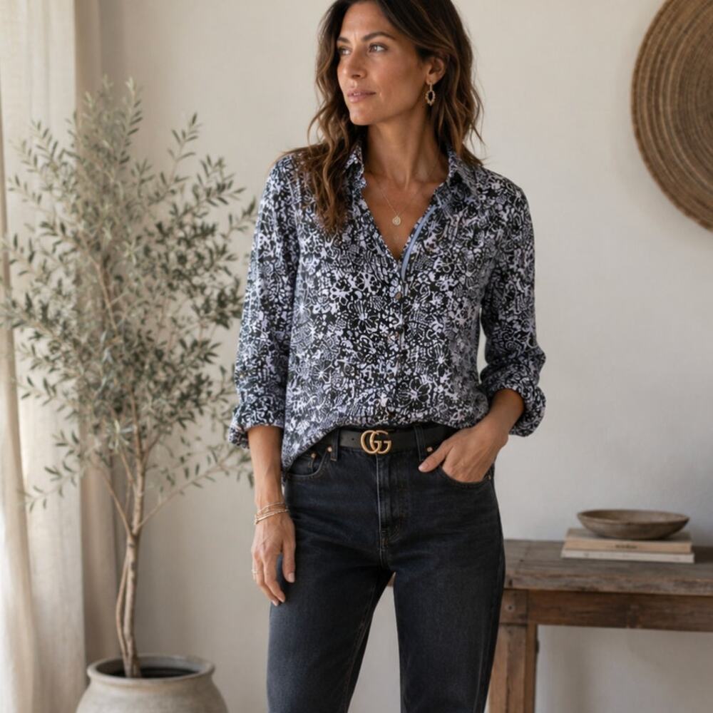 Cino XS Cotton Button Up Shirt Black Lavender Floral Crinkle Boho Chic Blouse